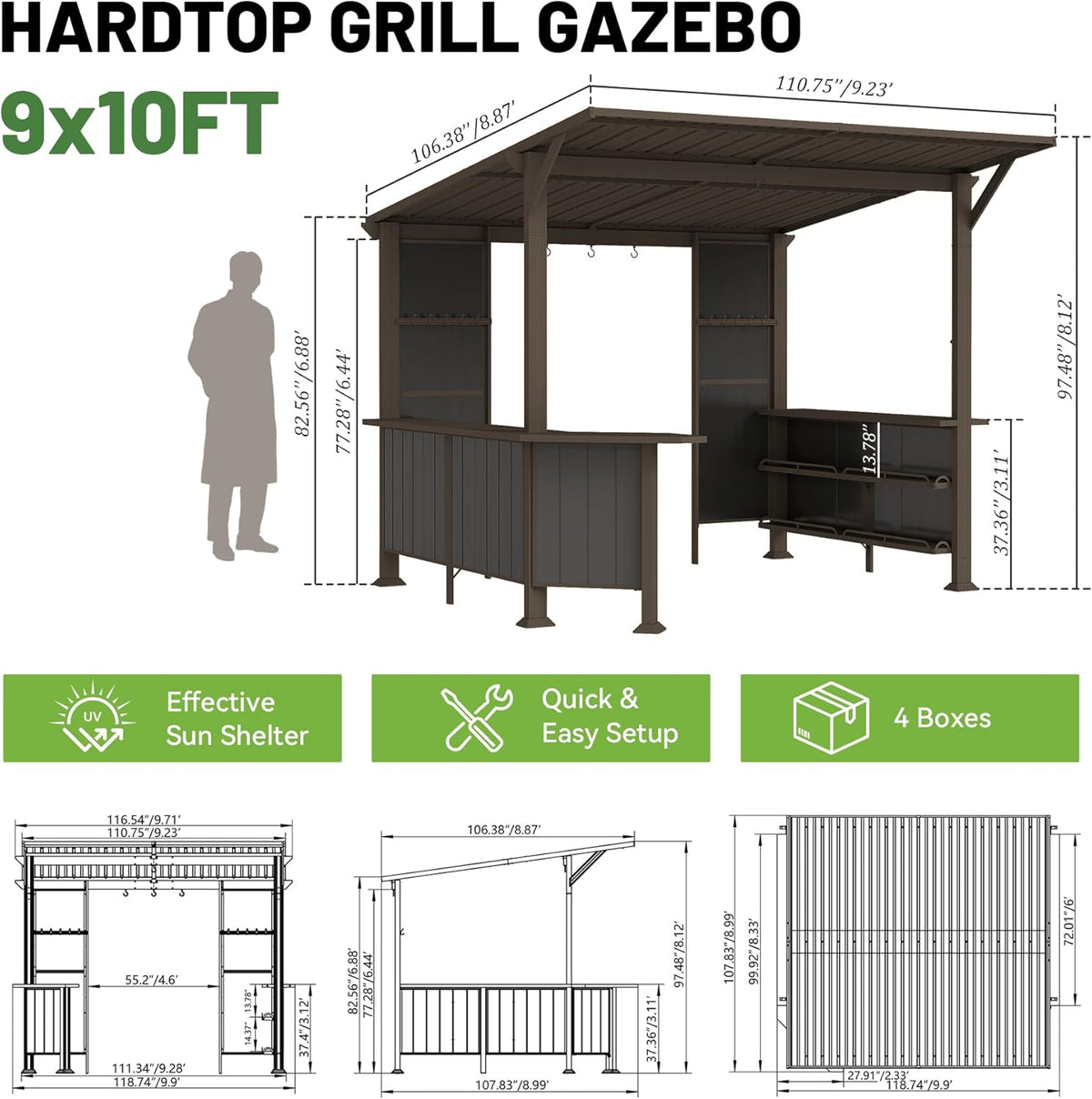 9x10FT Hardtop Grill Gazebo with Side Platforms