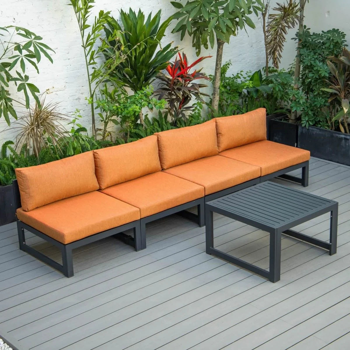 LeisureMod Chelsea 5-Piece Middle Patio Chairs and Coffee Table Set Black Aluminum With Cushions