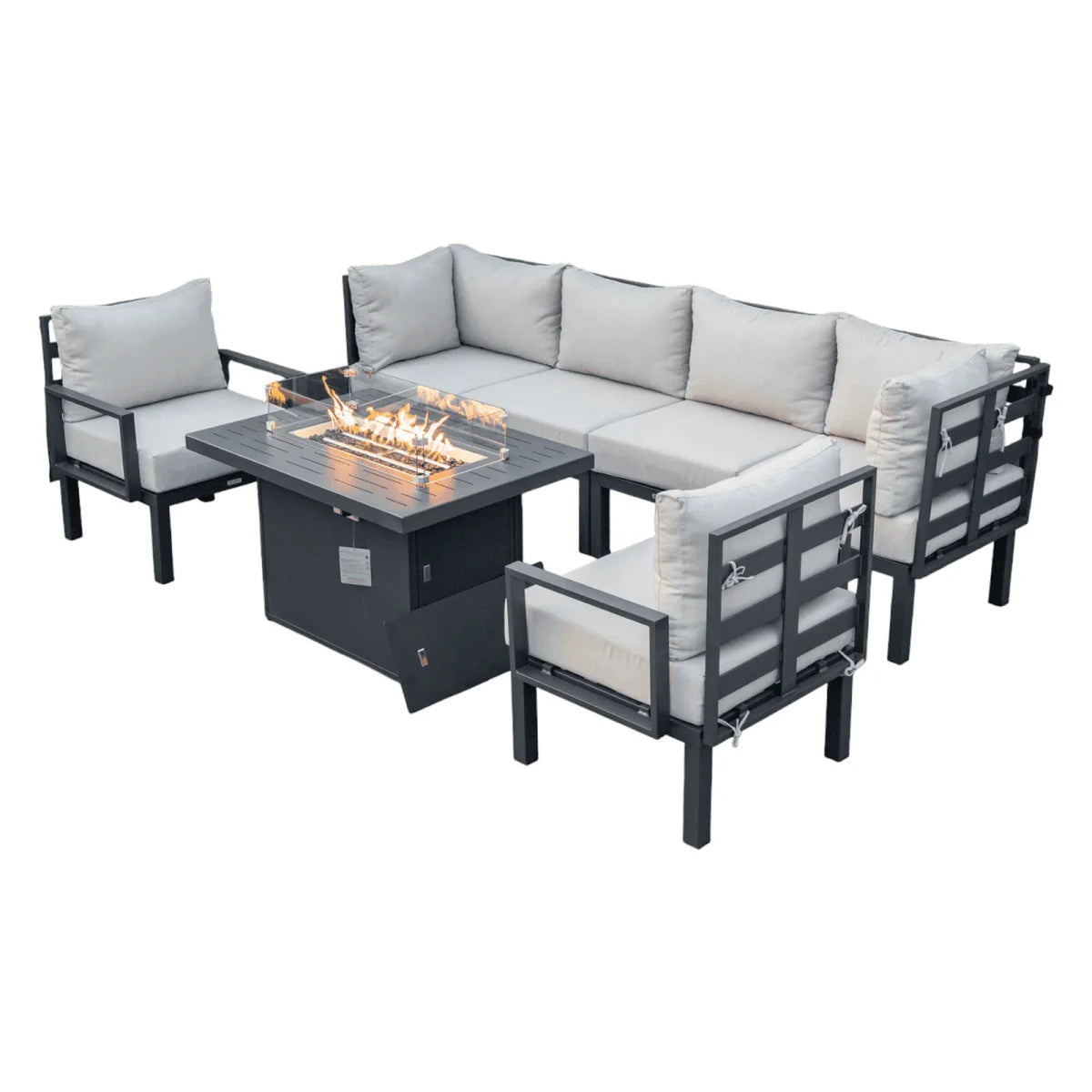 LeisureMod Chelsea 7-Piece Outdoor Patio Sectional Set with Propane Fire Pit Table