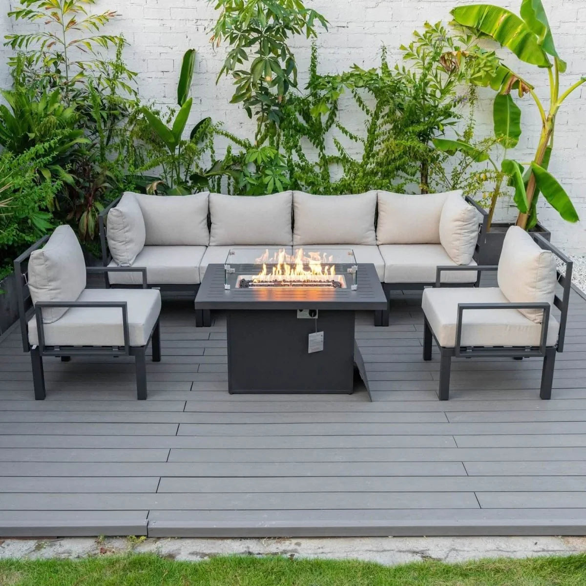 LeisureMod Chelsea 7-Piece Outdoor Patio Sectional Set with Propane Fire Pit Table