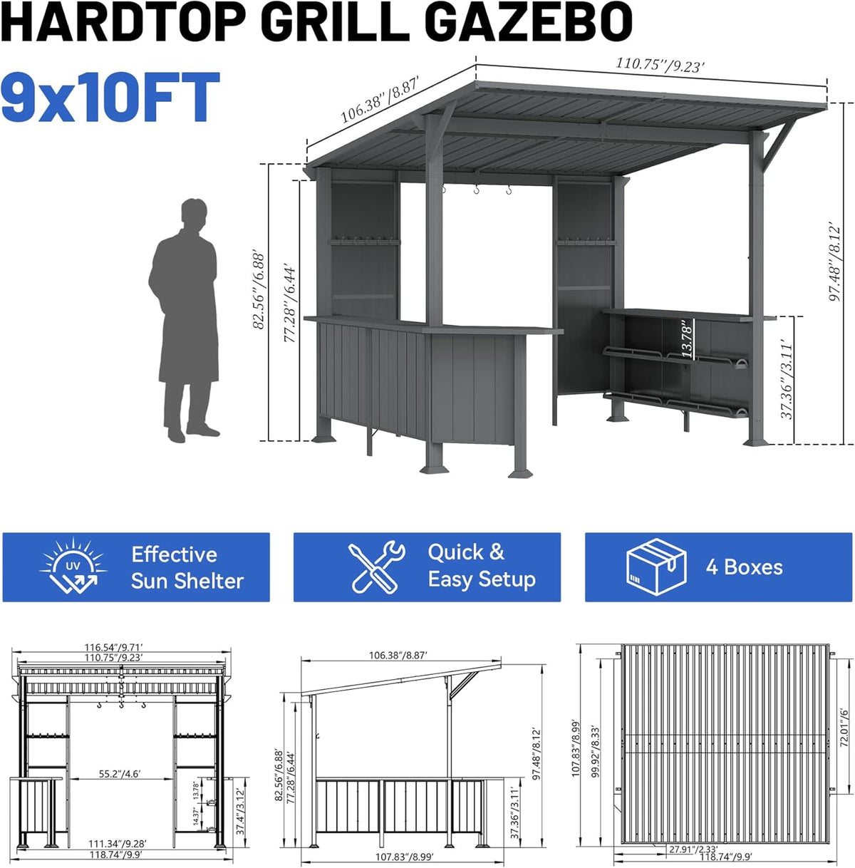9x10FT Hardtop BBQ Gazebo with Side Platforms
