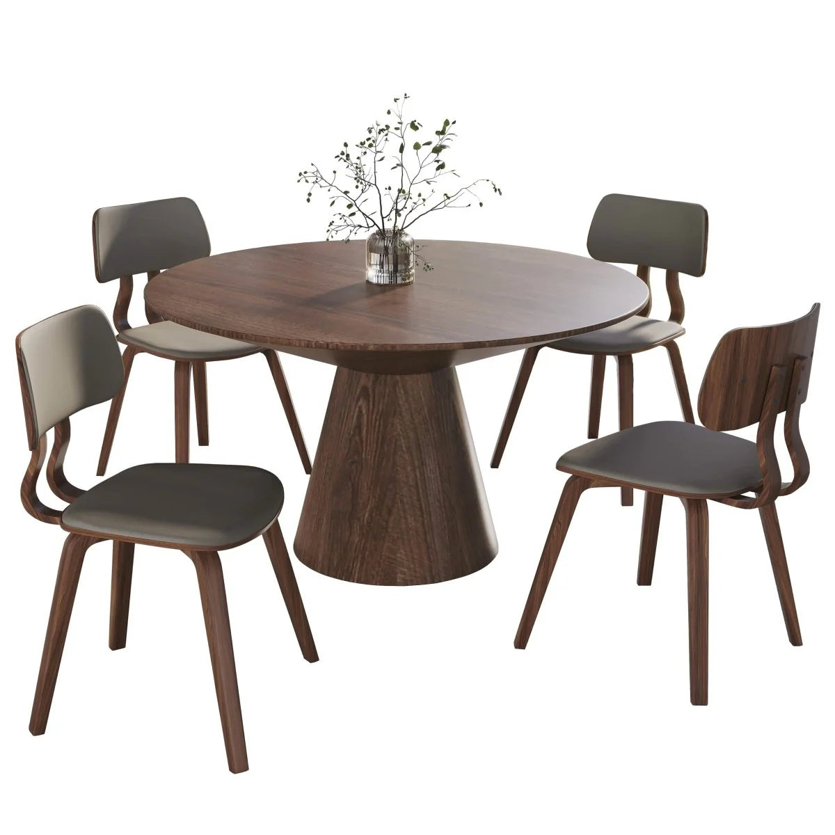 LeisureMod Fynix 5-Piece Dining Set with Round Wooden Table in Walnut and 4 Leather Chairs