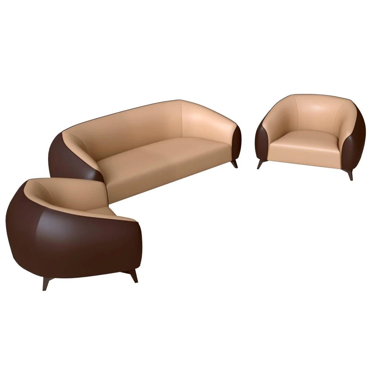 LeisureMod Opula 3-Piece Leather Sofa Set with Solid Wood Frame and Stainless Steel Legs