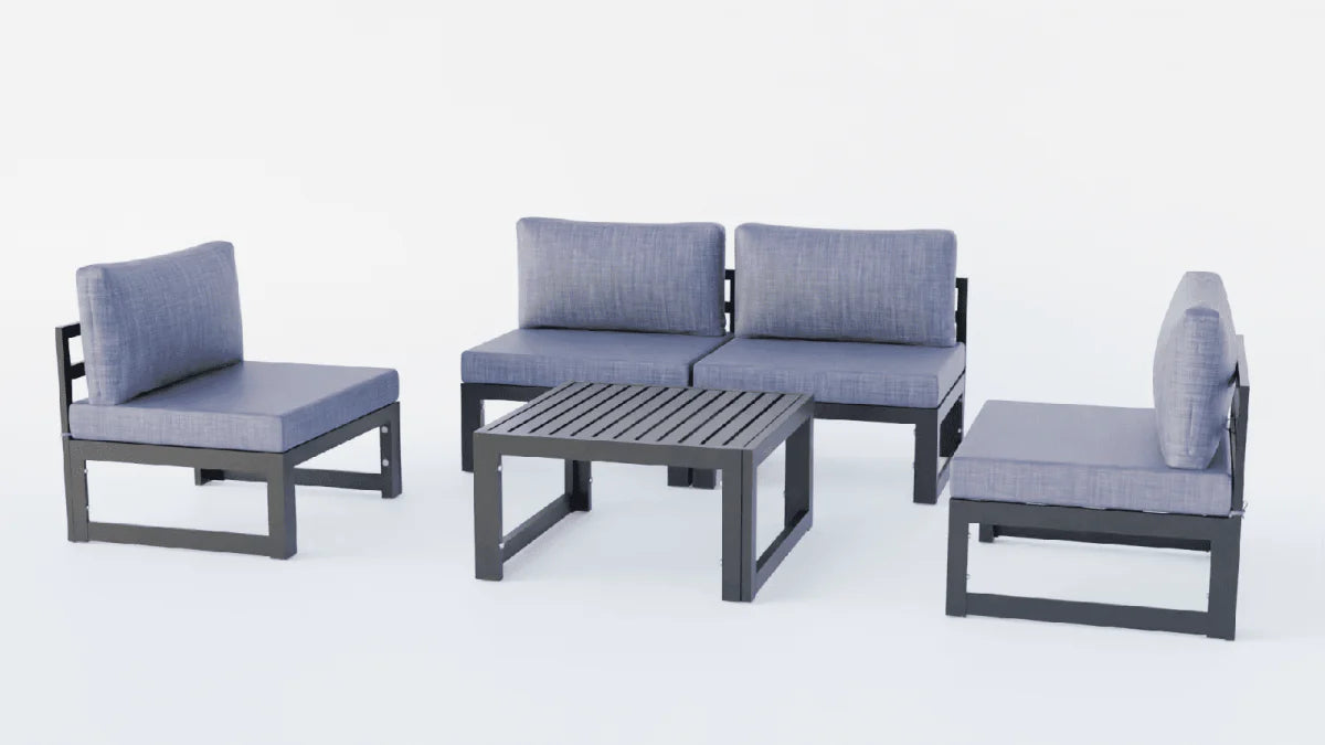 LeisureMod Chelsea 5-Piece Middle Patio Chairs and Coffee Table Set Black Aluminum With Cushions