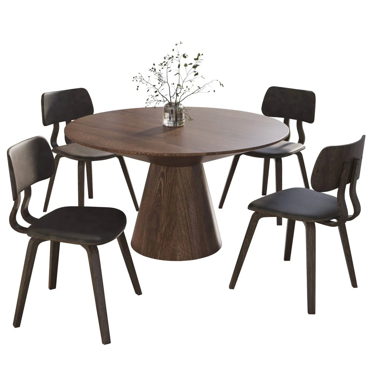LeisureMod Fynix 5-Piece Dining Set with Round Wooden Table in Walnut and 4 Leather Chairs