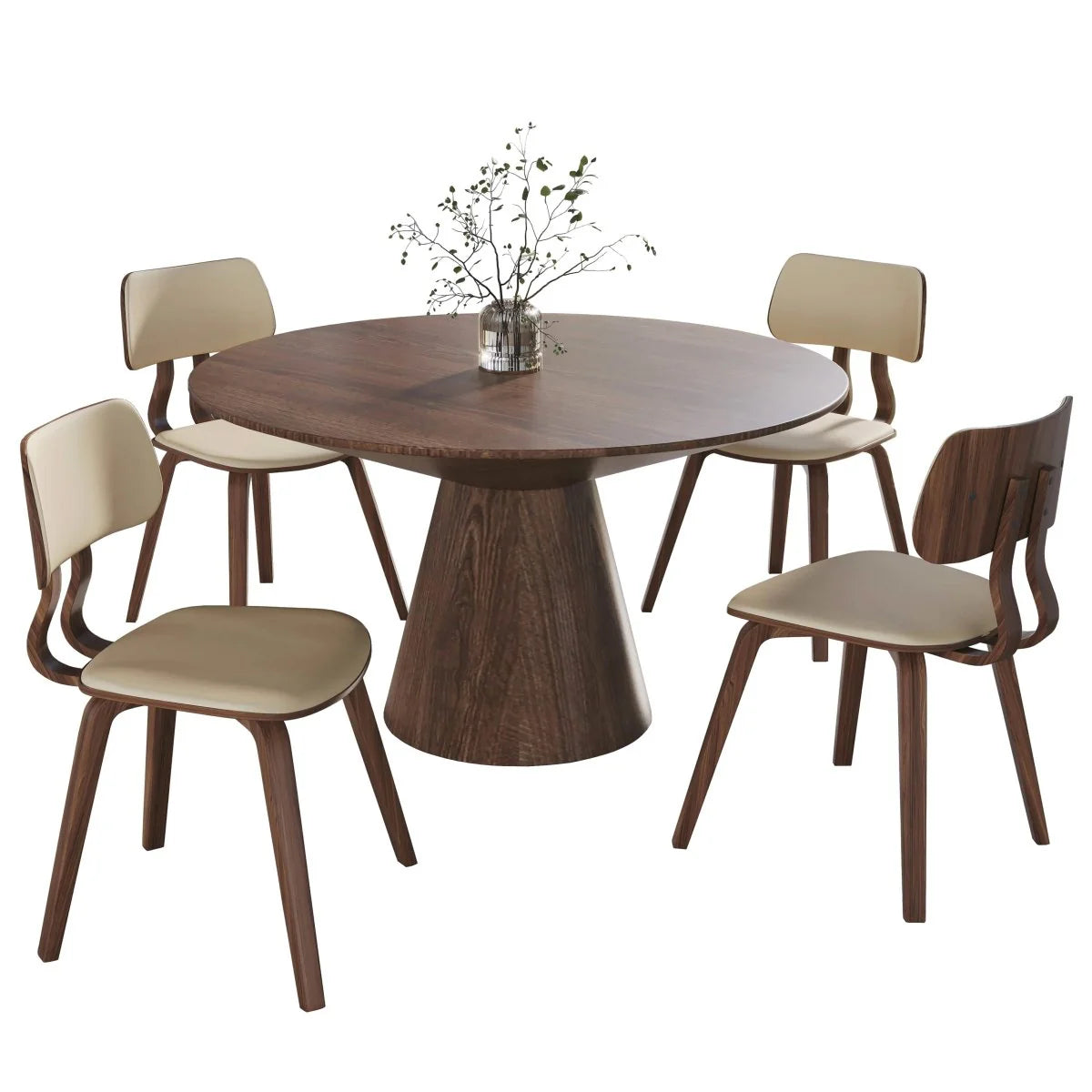 LeisureMod Fynix 5-Piece Dining Set with Round Wooden Table in Walnut and 4 Leather Chairs
