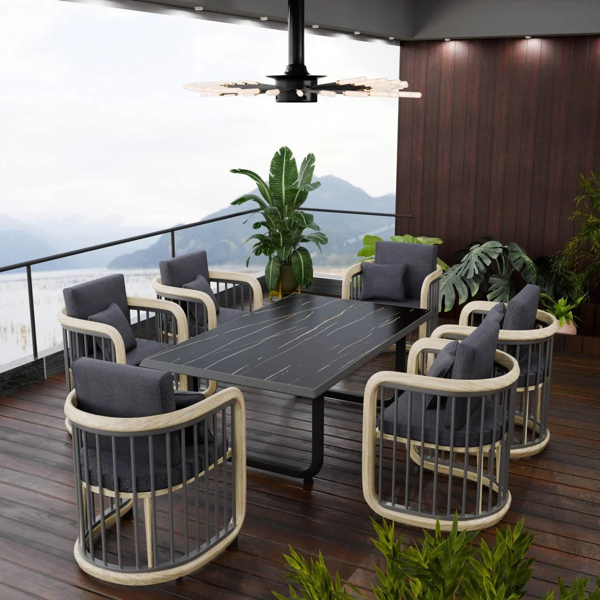 LeisureMod Klyra 7-Piece Outdoor Aluminum Dining Set in Grey