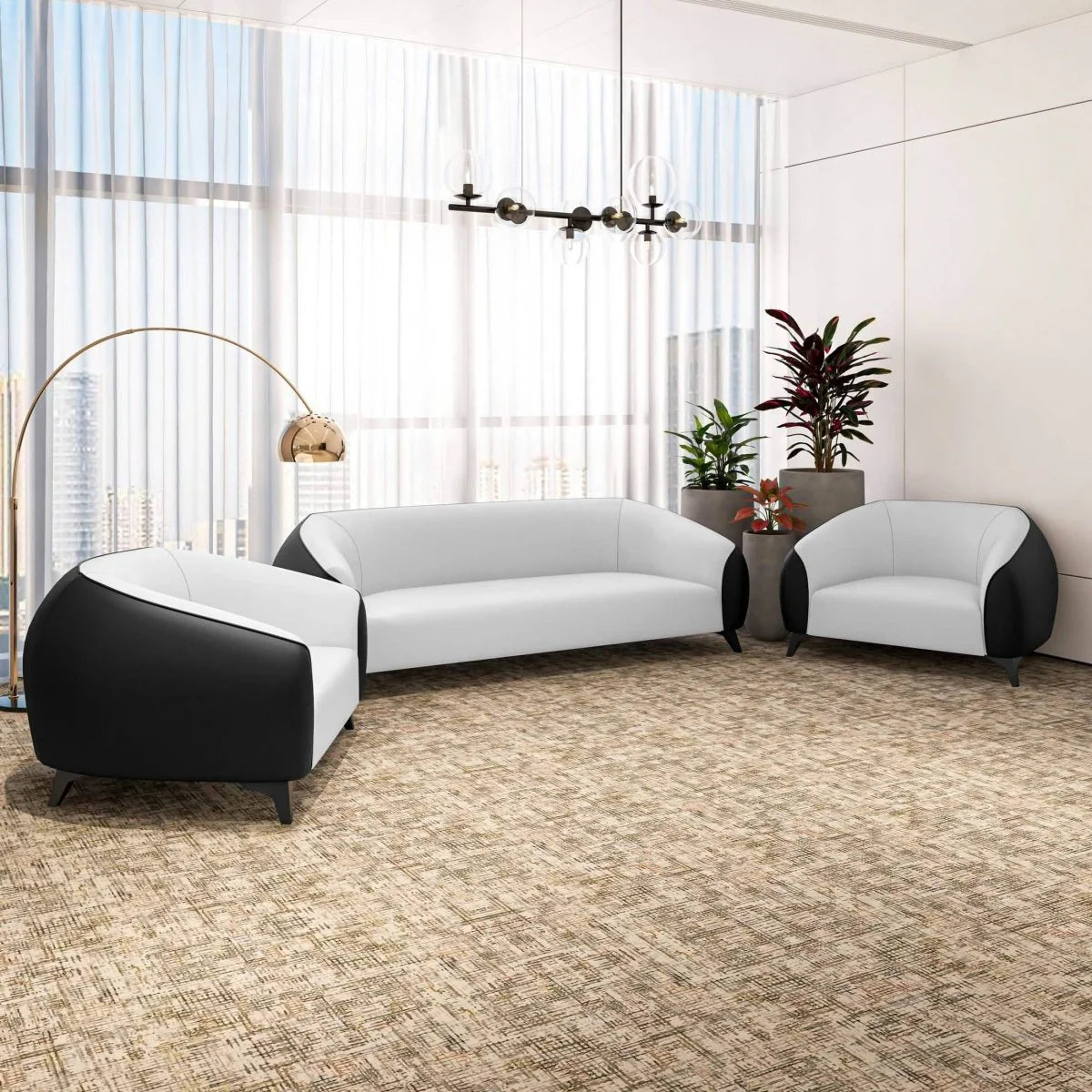 LeisureMod Opula 3-Piece Leather Sofa Set with Solid Wood Frame and Stainless Steel Legs