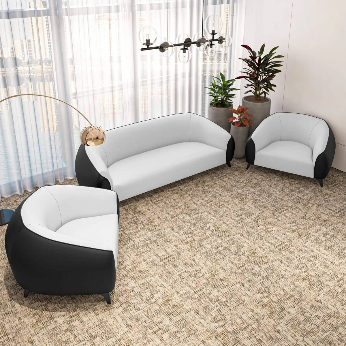 LeisureMod Opula 3-Piece Leather Sofa Set with Solid Wood Frame and Stainless Steel Legs