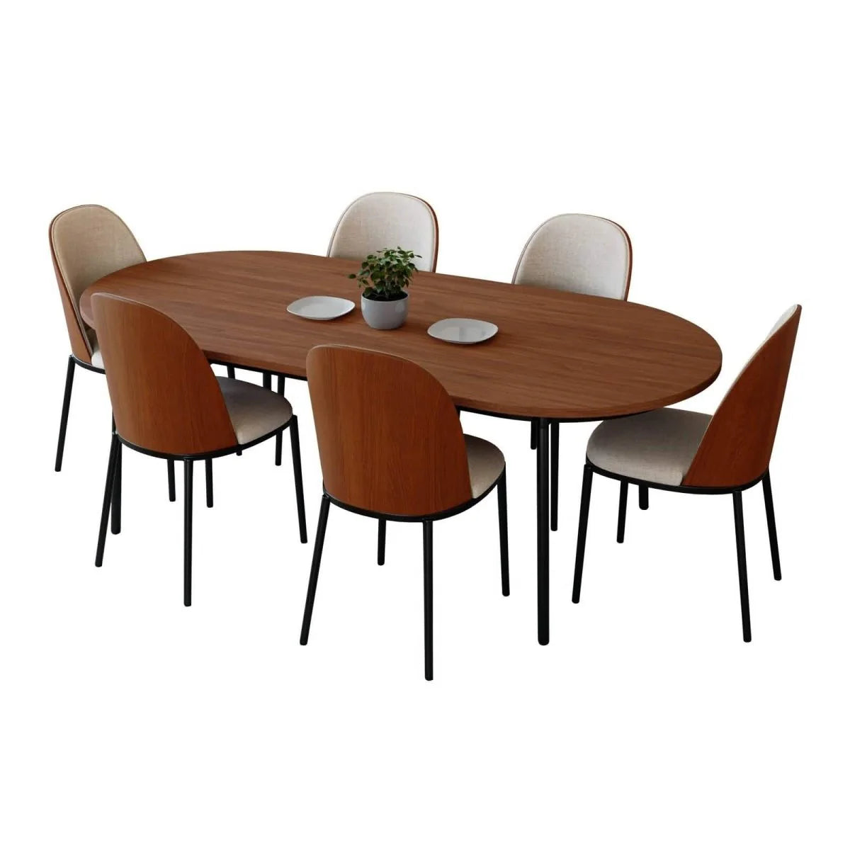LeisureMod Tule 7-Piece Dining Set with 71-Inch Oval MDF Tabletop, Black Steel Frame, and 6 Upholstered Polyester Dining Chairs