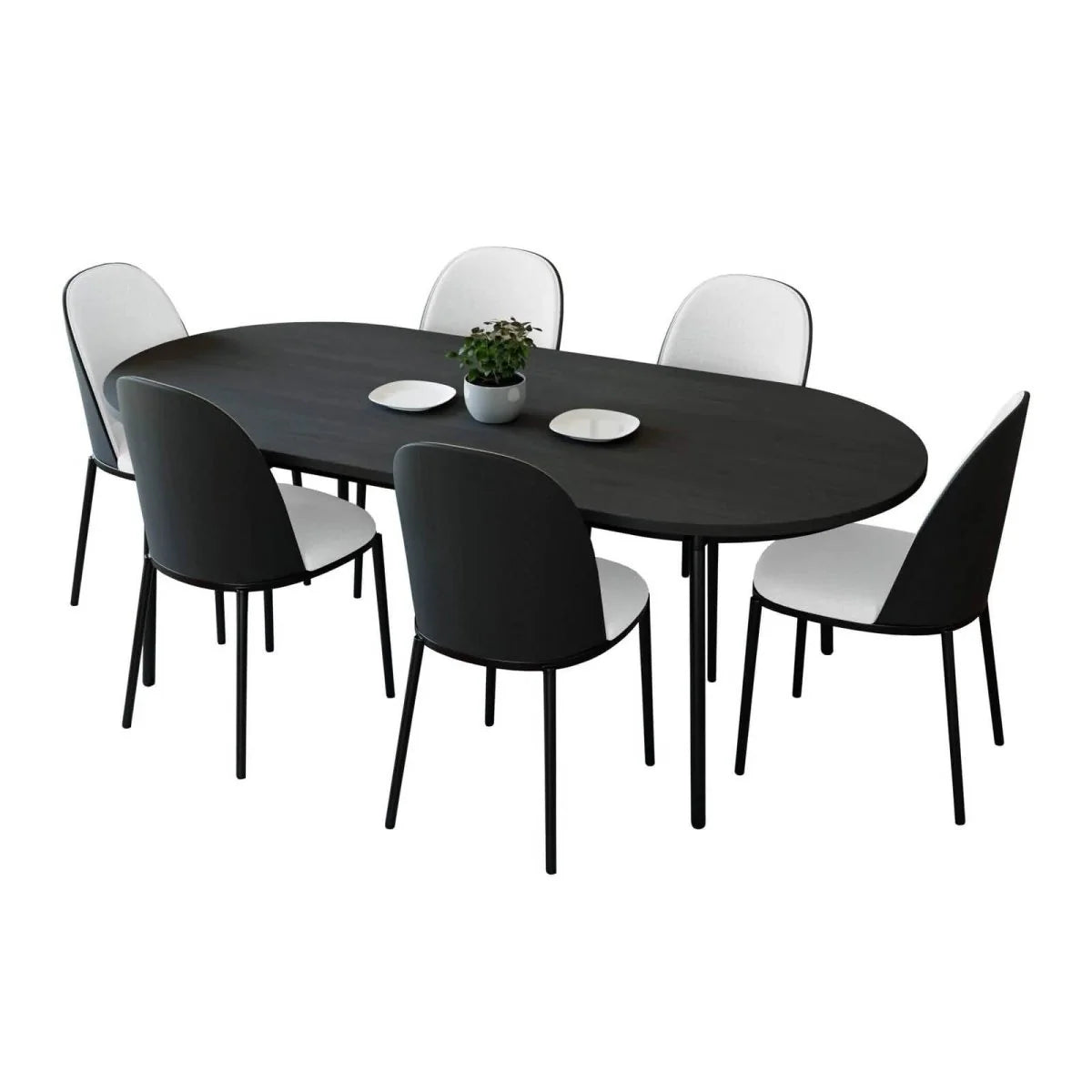 LeisureMod Tule 7-Piece Dining Set with 71-Inch Oval MDF Tabletop, Black Steel Frame, and 6 Upholstered Polyester Dining Chairs