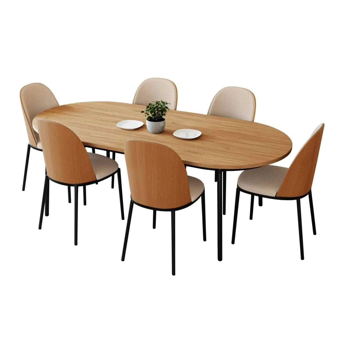 LeisureMod Tule 7-Piece Dining Set with 71-Inch Oval MDF Tabletop, Black Steel Frame, and 6 Upholstered Polyester Dining Chairs
