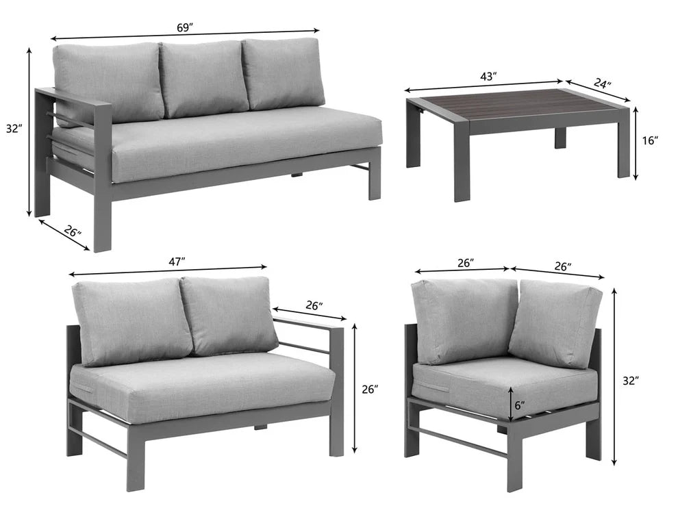 Heynemo 4 Pieces Outdoor Aluminum Furniture Set, Patio Sectional Sofa Couch - Conversation Set with Coffee Table and Sofa, Gray