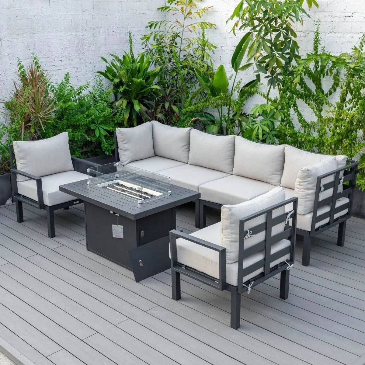 LeisureMod Chelsea 7-Piece Outdoor Patio Sectional Set with Propane Fire Pit Table