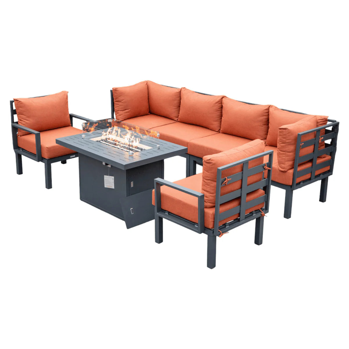 LeisureMod Chelsea 7-Piece Outdoor Patio Sectional Set with Propane Fire Pit Table