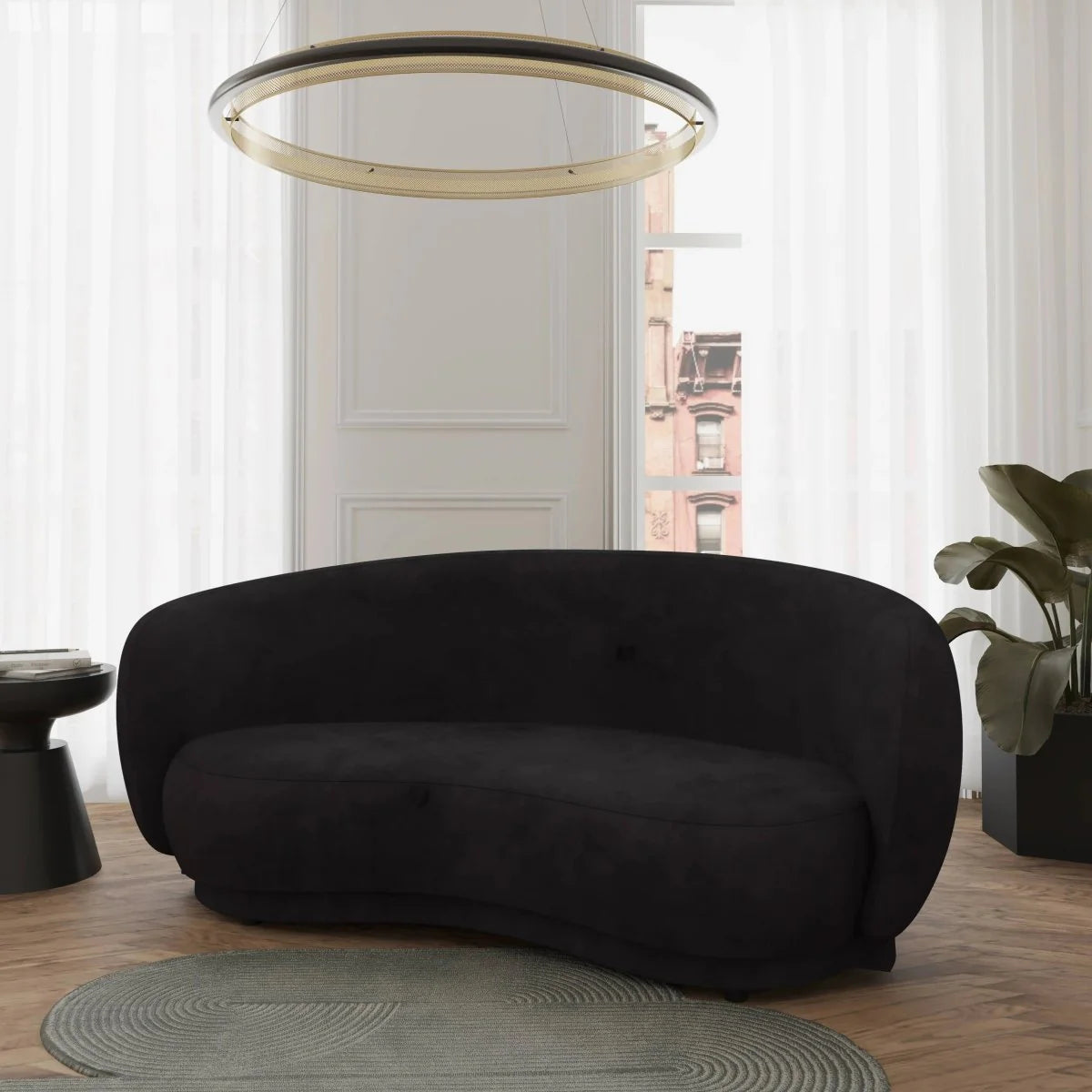 LeisureMod Faze 3-Seater Velvet Sofa with Curved Backrest and Pine Wood Base