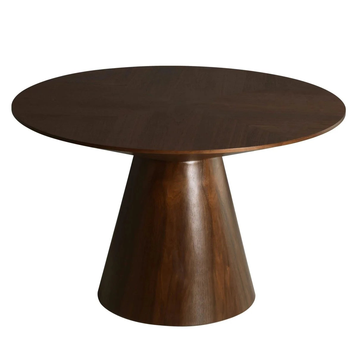 LeisureMod Fynix 5-Piece Dining Set with Round Wooden Table in Walnut and 4 Leather Chairs