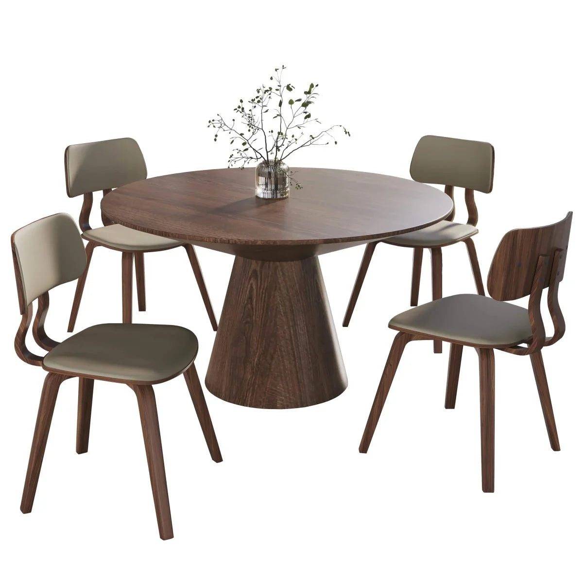 LeisureMod Fynix 5-Piece Dining Set with Round Wooden Table in Walnut and 4 Leather Chairs