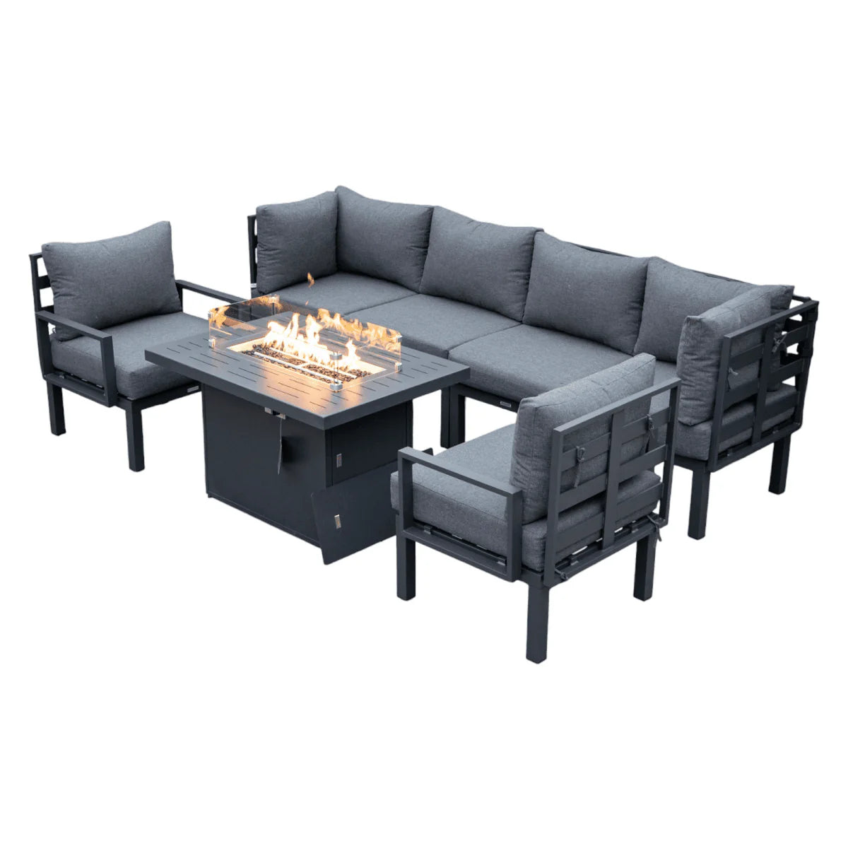 LeisureMod Chelsea 7-Piece Outdoor Patio Sectional Set with Propane Fire Pit Table