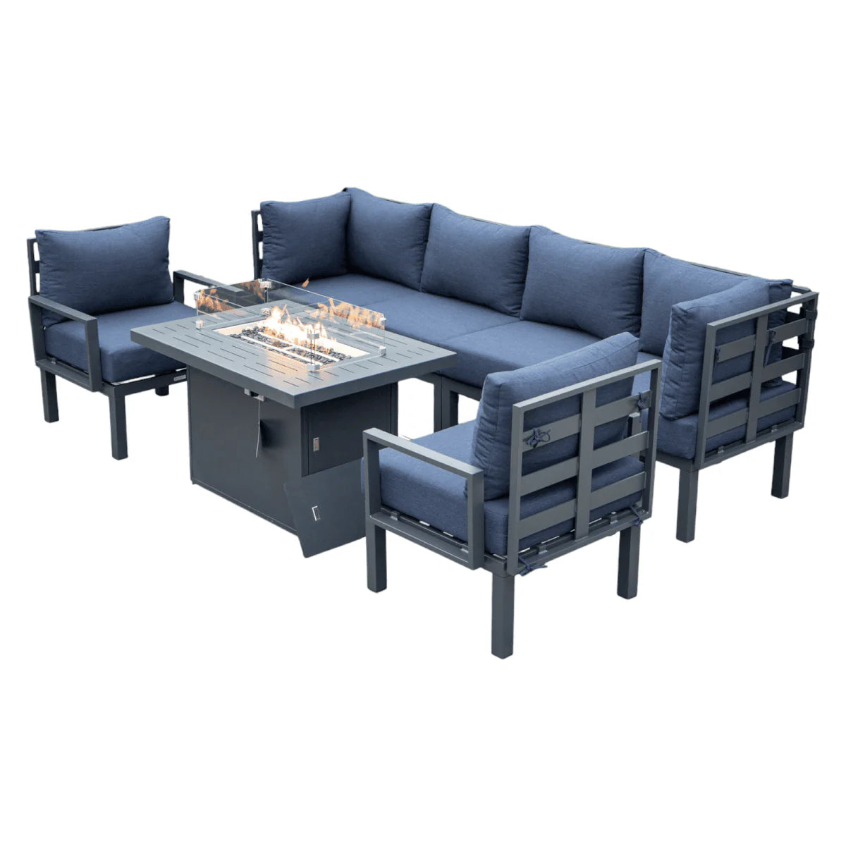 LeisureMod Chelsea 7-Piece Outdoor Patio Sectional Set with Propane Fire Pit Table
