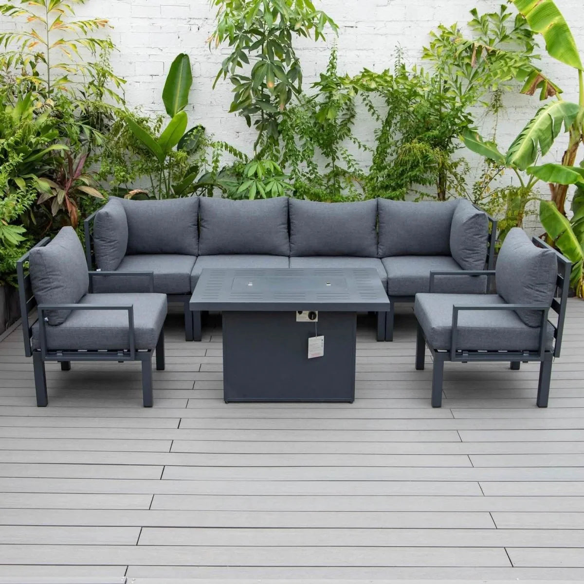 LeisureMod Chelsea 7-Piece Outdoor Patio Sectional Set with Propane Fire Pit Table