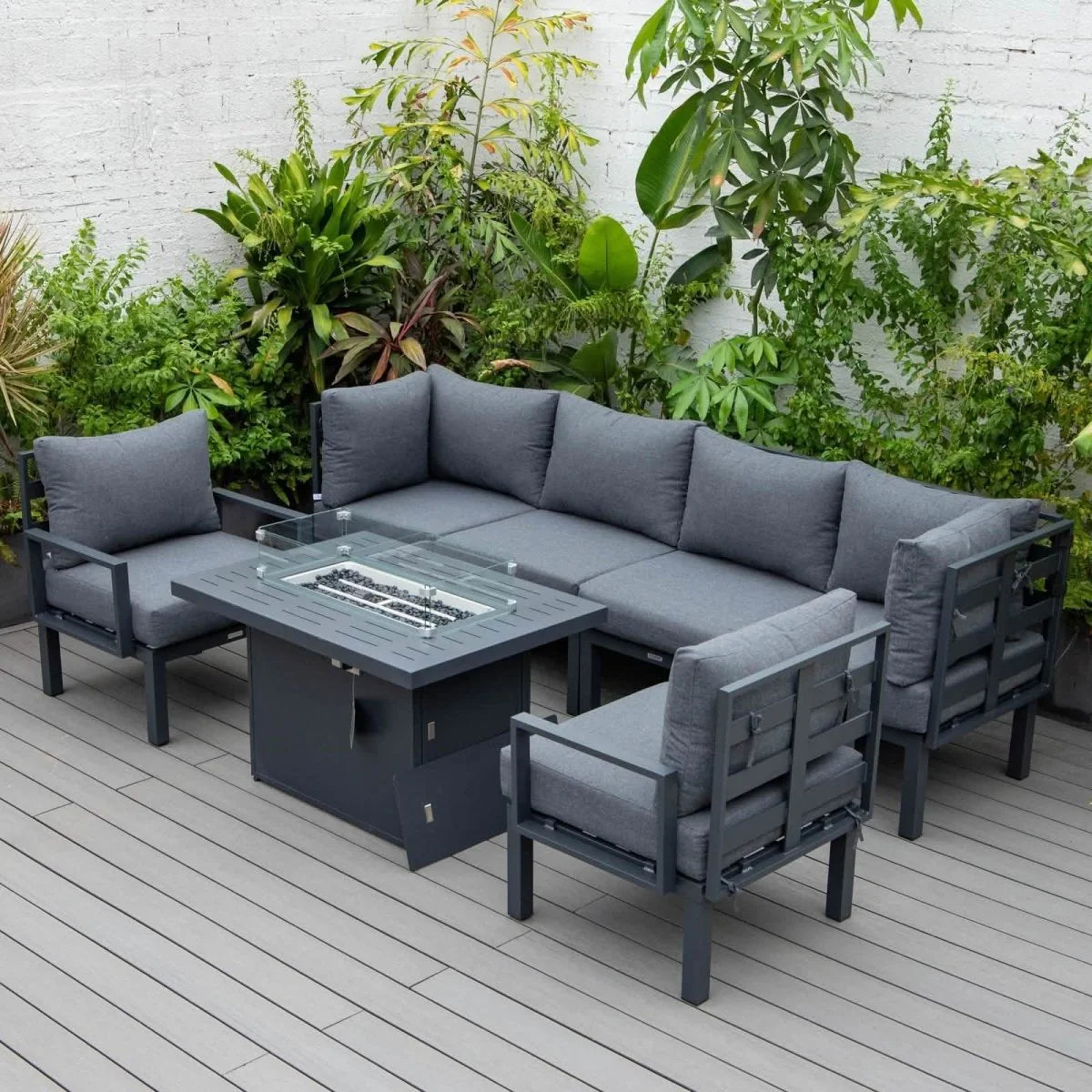 LeisureMod Chelsea 7-Piece Outdoor Patio Sectional Set with Propane Fire Pit Table