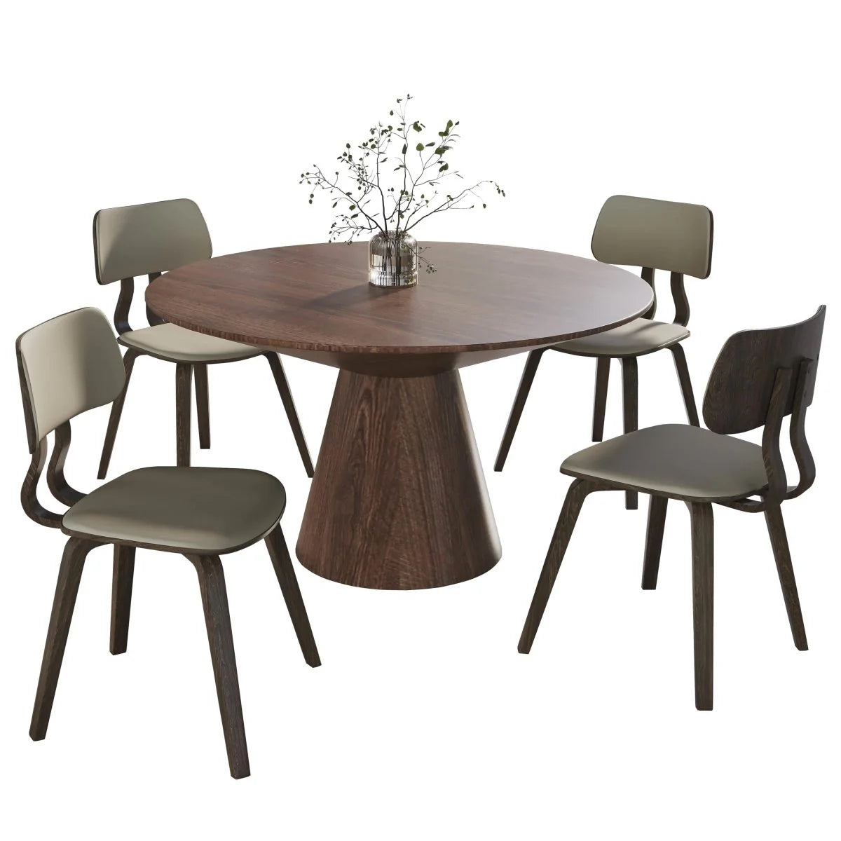 LeisureMod Fynix 5-Piece Dining Set with Round Wooden Table in Walnut and 4 Leather Chairs