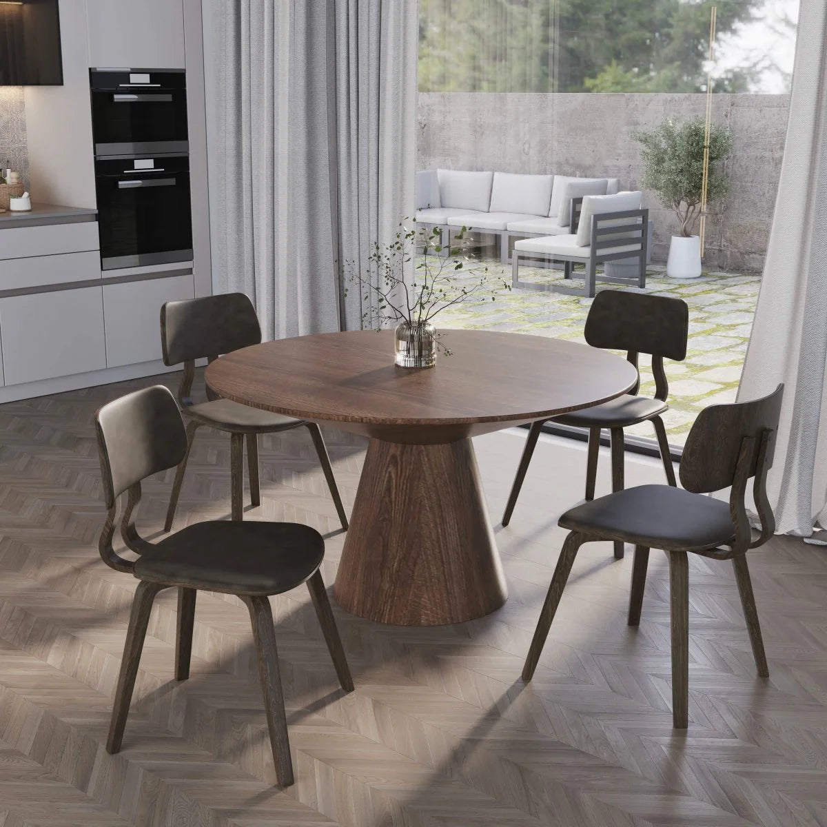 LeisureMod Fynix 5-Piece Dining Set with Round Wooden Table in Walnut and 4 Leather Chairs