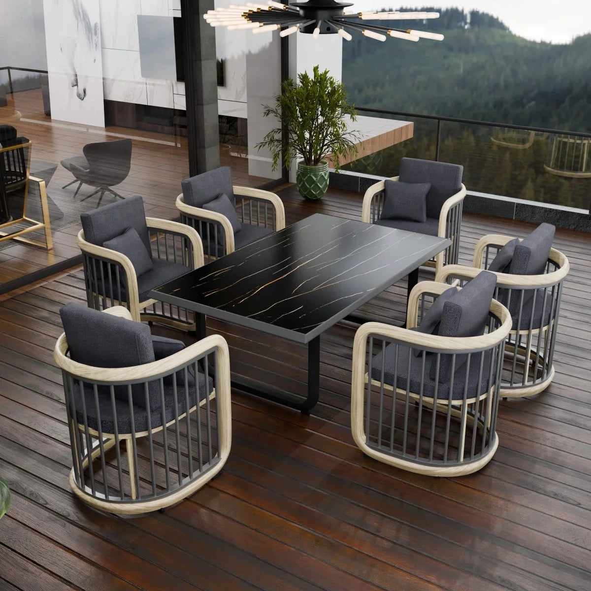 LeisureMod Klyra 7-Piece Outdoor Aluminum Dining Set in Grey