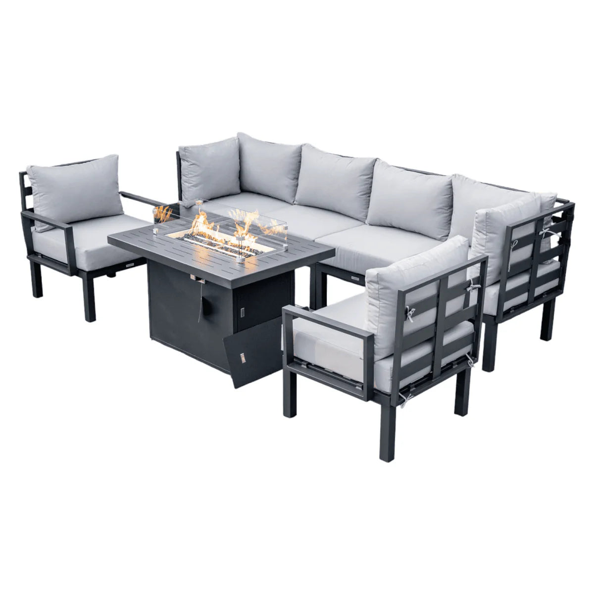 LeisureMod Chelsea 7-Piece Outdoor Patio Sectional Set with Propane Fire Pit Table