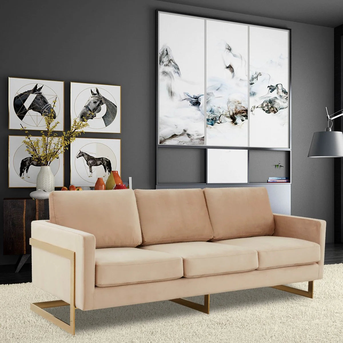 LeisureMod Lincoln 3-Seater Upholstered Sofa with Stainless Steel Base