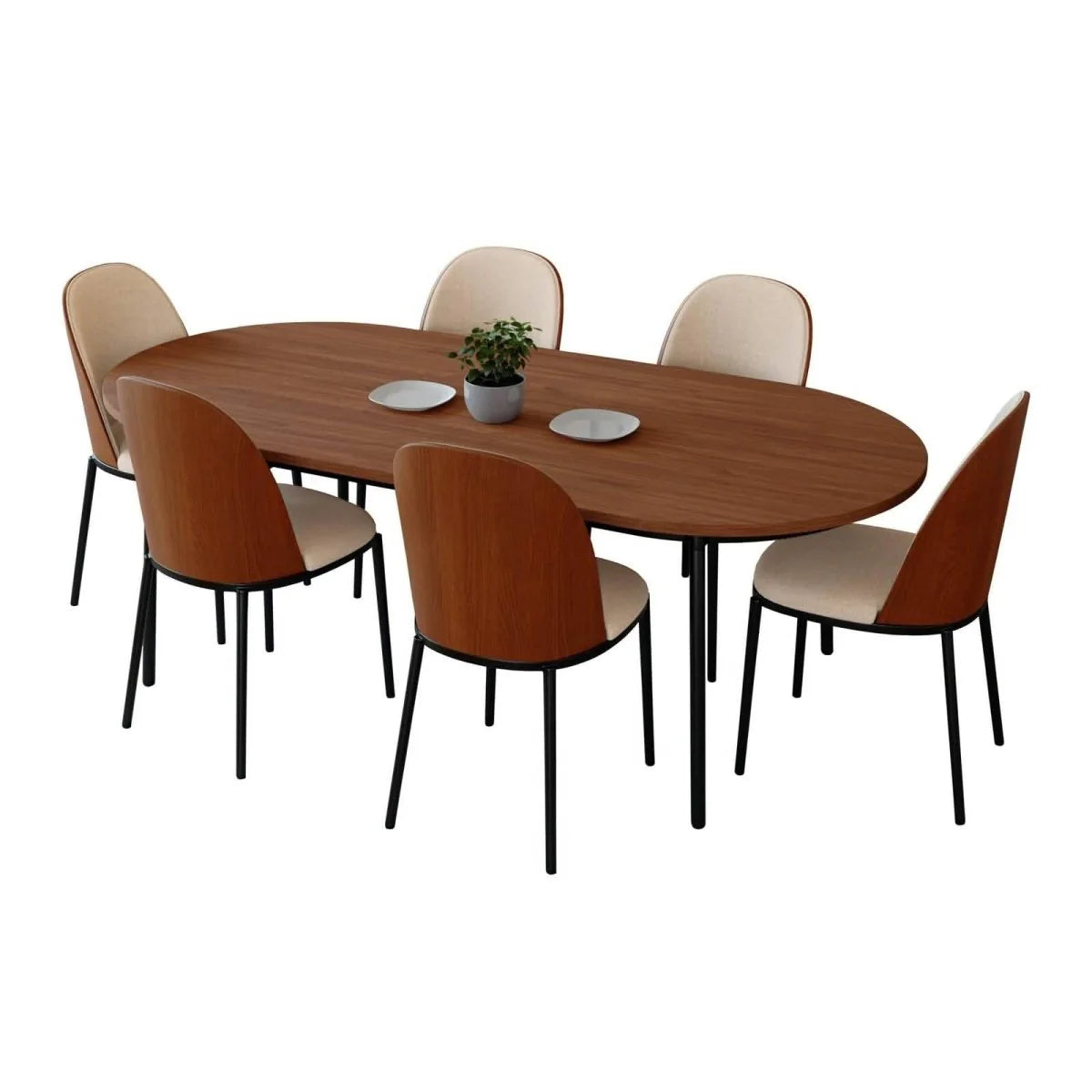 LeisureMod Tule 7-Piece Dining Set with 71-Inch Oval MDF Tabletop, Black Steel Frame, and 6 Upholstered Polyester Dining Chairs
