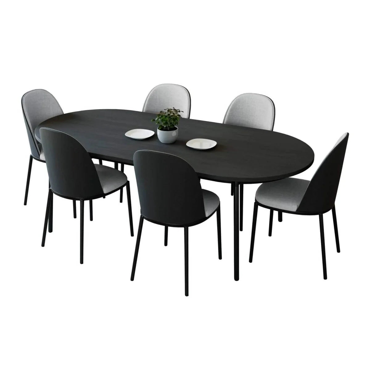 LeisureMod Tule 7-Piece Dining Set with 71-Inch Oval MDF Tabletop, Black Steel Frame, and 6 Upholstered Polyester Dining Chairs